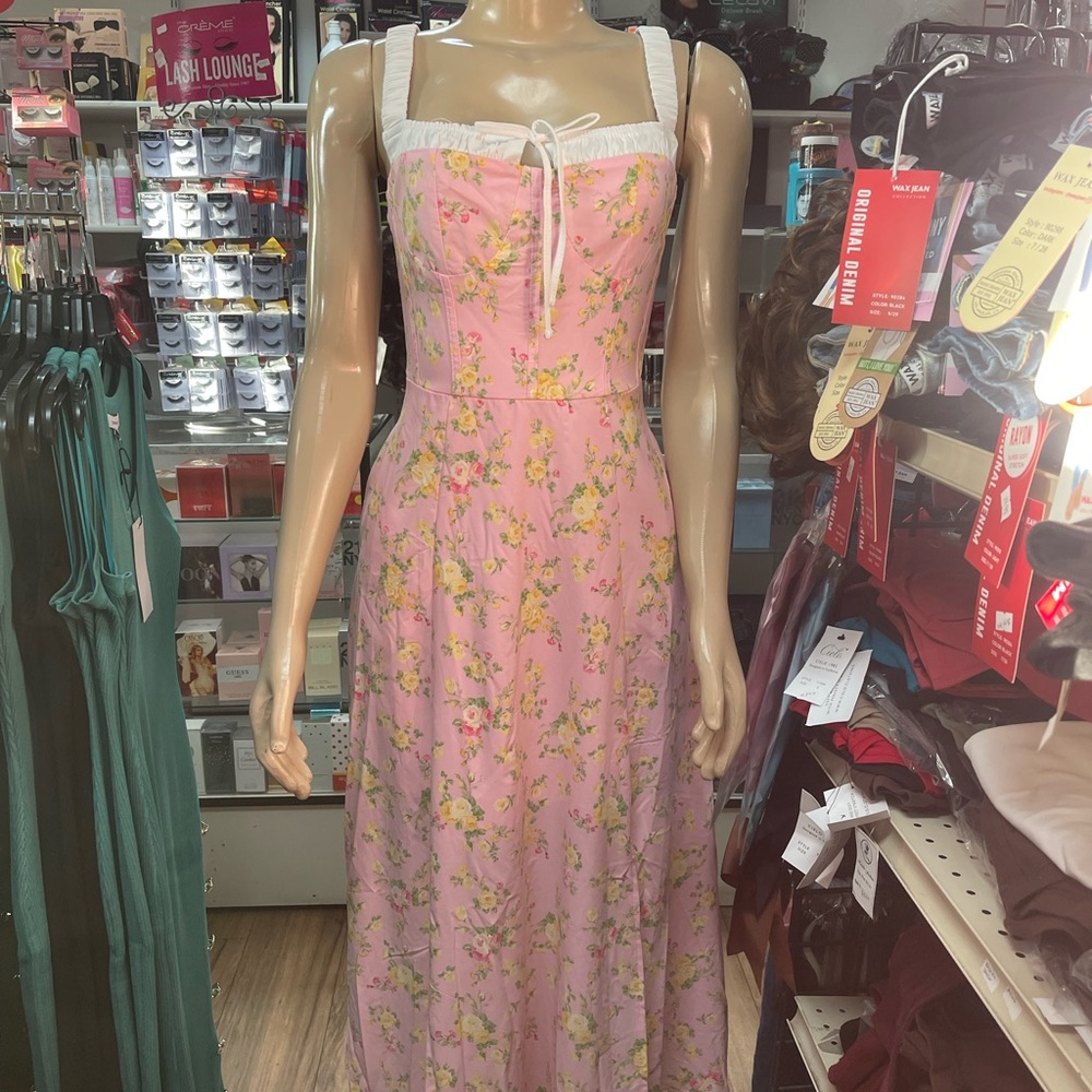 Pink Floral Sundress with Lace Trim